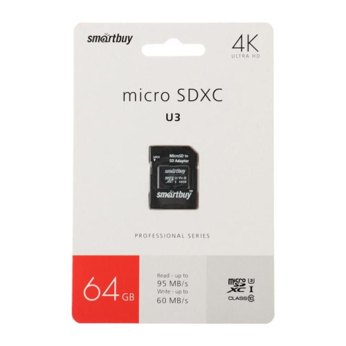 Карта памяти SMARTBUY (SB64GBSDCL10U3-01) MicroSDXC 64GB Class10 PRO (U3) 95/60 MB/S + адаптер